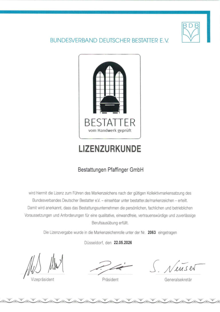 Bestattungen Pfaffinger Mendig Andernach Kell Lizenzurkunde BDB BESTATTER vom Handwerk geprueft 1