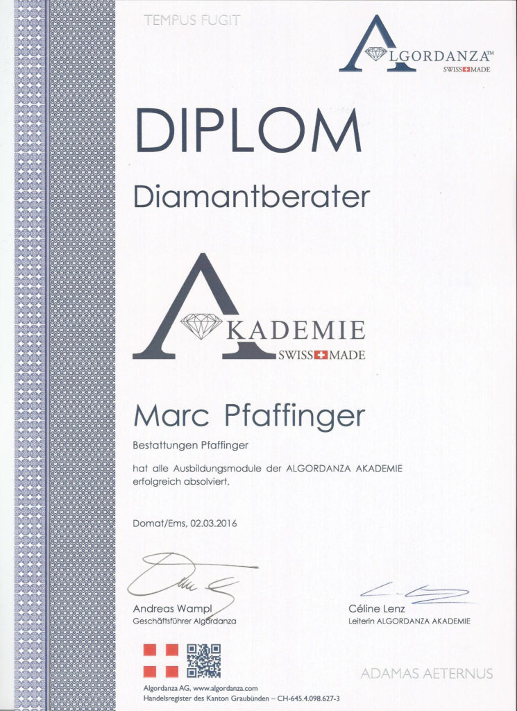 Diplom des Schweizer Unternehmens Algordanza, mit dem das Bestattungshaus Pfaffinger als Berater für Diamantbestattung autorisiert wird